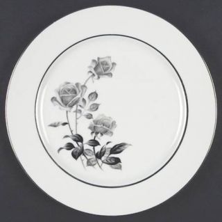 Yamaka Nocturne Dinner Plate, Fine China Dinnerware   Gray/Pink Roses, Platinum