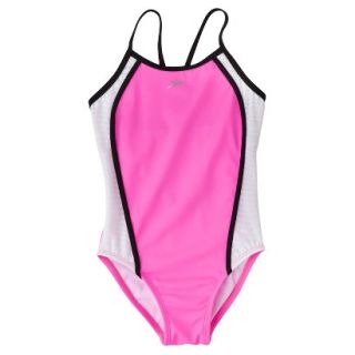 Speedo Girls 1 Piece Racer Back Mesh Splice Swimsuit   Neon Pink 12