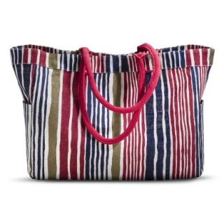 Coated Jute Striped Carryall Tote Handbag   Navy/Red