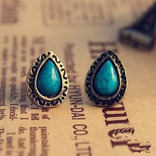 Retro National Wind Blue Pine Carved Gemstone Earrings1 Droplets E12