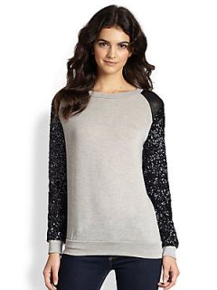 T bags Los Angeles Faux Leather Trimmed Sequined Sleeve Sweatshirt   Grey Sweate