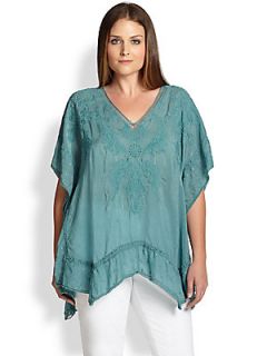Johnny Was, Sizes 14 24 Damask Embroidered Poncho Top   Orion Blue