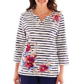 Alfred Dunner Smooth Sailing Asymmetrical Striped Floral Top