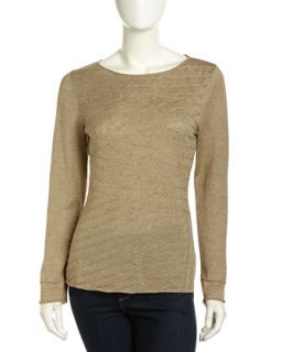 Asymmetric Pintuck Stripe Linen Blend Sweater, Beige