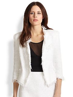 MILLY Tweed Frayed Cropped Blazer   White