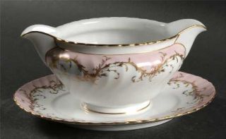 Royal Tettau Elegance Rose(Pink,Gold Trim) Gravy Boat with Attached Underplate,
