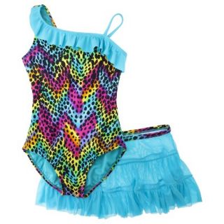 Girls 1 Piece Leopard Spot Swimsuit and Skirt Set   Aqua S