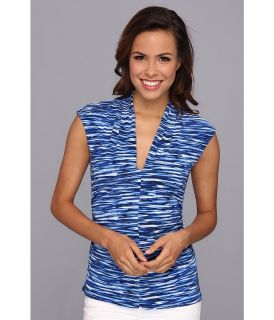 Vince Camuto Cap Sleeve Pleat V Neck River Ripples Top Womens Sleeveless (Blue)