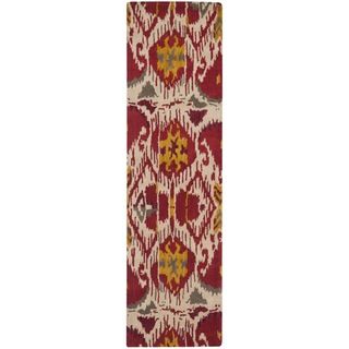 Handmade Ikat Ivory/ Red Wool Rug (23 X 8)
