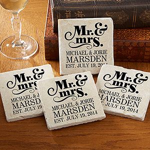 Personalized Stone Coaster Set   Mr & Mrs Wedding Coasters