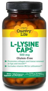 Country Life   L Lysine Caps Free Form Amino Acid Supplement with B 6 500 mg.   250 Vegetarian Capsules