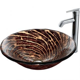 VIGO Chocolate Caramel Swirl Glass Vessel Sink and Faucet Set in Chrome