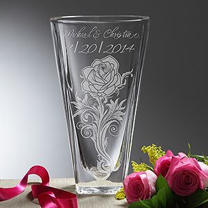 Personalized Etched Crystal Vase   Rose Romance