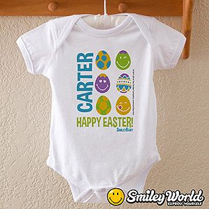 Personalized First Easter Baby Bodysuit   Smiley Face Easter Eggs