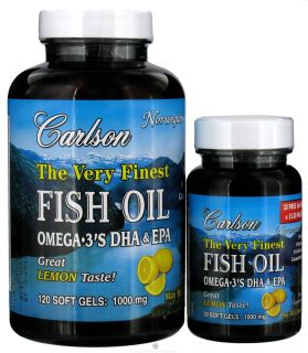 Carlson Labs   The Very Finest Norwegian Fish Oil Omega 3s DHA & EPA Lemon Flavored 1000 mg.   Bonus Pack 120 + 30 Softgels