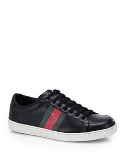 Gucci Perforated Leather Lace Up Sneakers   Black
