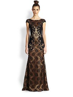 Theia Baroque Lace & Crepe Gown   Black Nude