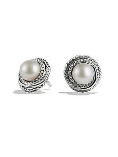 David Yurman Pearl Crossover Earrings with Diamonds   Silver Pearl