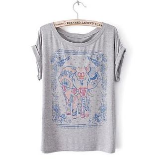 Womens Fashion Elephant Print Round Short Sleeve T Shirt