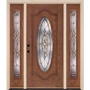 Feather River Doors Silverdale Brass Full Oval Medium Oak Fiberglass Entry Door with Sidelites 211405 3A4
