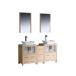 Fresca Torino 60 in. Double Vanity in Light Oak with Glass Stone Vanity Top in White and Mirrors FVN62 241224LO VSL