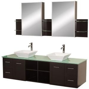 Wyndham Collection Avara 72 in. Vanity in Espresso with Double Basin Glass Vanity Top in Aqua and Medicine Cabinets WCS007SH72ESGRD28WH