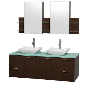 Wyndham Collection Amare 60 in. Double Vanity in Espresso with Glass Vanity Top in Aqua and Carrara Marble Sinks WCR410060ESGRGS3MCDB