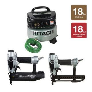 Hitachi 4 Piece 18 Gauge x 2 in. Finish Nailer, 0.25 in. Stapler, 6 Gal. Oil Free Pancake Compressor and Air Hose Kit KCP 50 38 H