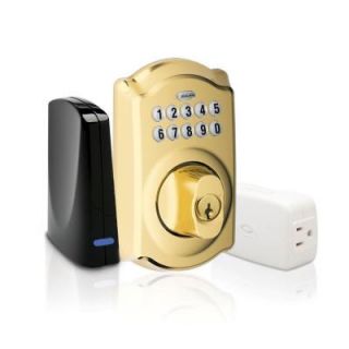 Schlage Bright Brass Keypad Deadbolt Home Security Kit with Nexia Home Intelligence BE369GRNX CAM 505