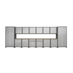 NewAge Products Pro Diamond Plate 240 in. x 82.5 in. x 24 in. Freestanding Metal Cabinetry Set in Silver Finish/Gray Frame (16 Piece) 31825