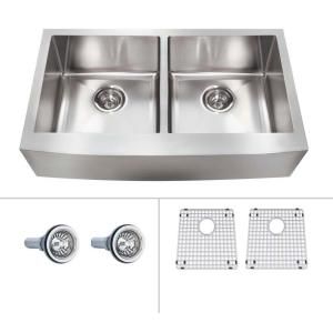 ECOSINKS Acero Platinum Combo Apron Front Farnouse Stainless Steel 35 7/8x20x9 0 Hole Double Bowl Kitchen Sink ECOD 369AP