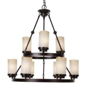 Glomar Lucern 9 Light Patina Bronze 2 Tier Round Chandelier with Saddle Stone Glass Shade HD 2765