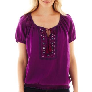 St. Johns Bay Short Sleeve Embroidered Peasant Top   Petite, Purple