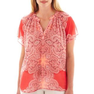 A.N.A Short Sleeve Smocked Neck Peasant Top   Plus, Regal Paisley
