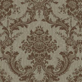 The Wallpaper Company 56 sq. ft. Chocolate and Metallic Pewter Mid Scale Damask on a Moire Background Wallpaper WC1283629