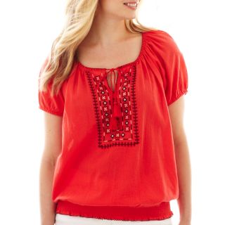 St. Johns Bay Short Sleeve Embroidered Peasant Top   Petite, Bittersweet Berry