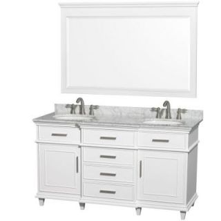 Wyndham Collection Berkeley 60 in. Double Vanity in White with Marble Vanity Top in Carrara White, Oval Sink and 56 in. Mirror WCV171760DWHCMUNRM56