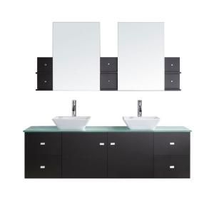 Virtu USA Clarissa 72 in. Double Basin Vanity in Espresso with Glass Vanity Top and Mirror Cabinets in Aqua MD 409 G ES