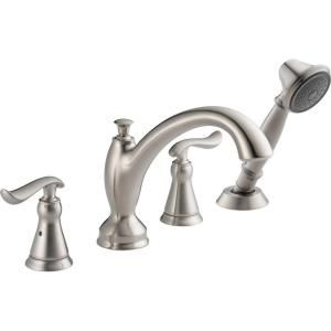 Delta Linden 2 Handle Deck Mount Roman Tub Faucet with Handshower in Stainless (Valve Not Included) T4794 SS