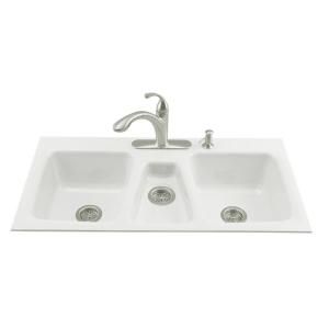 KOHLER Trieste Tile In Cast Iron 43x22x8.625 4 Hole Triple Bowl Kitchen Sink in White DISCONTINUED K 5893 4 0