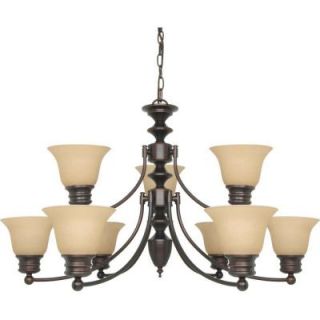 Glomar Empire 9 Light Mahogany Bronze Chandelier with Champagne Linen Washed Glass Shade HD 1275