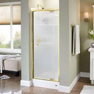 Delta Panache 31 1/2 in. x 66 in. Pivot Shower Door in Polished Brass with Frameless Rain Glass 159324