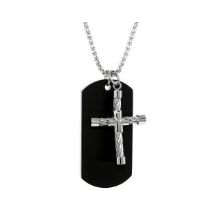 Mens Stainless Steel Cable Cross & Black IP Dog Tag Pendant, White