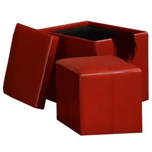 HomeSullivan Red Bi Cast Vinyl Storage Cube Ottoman with a Smaller Ottoman Inside 404723RD