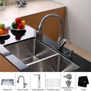 KRAUS All in One Undermount 32 3/4x19x10 0 Hole Double Bowl Kitchen Sink with Stainless Steel Kitchen Faucet KHU103 33 KPF2120 SD20