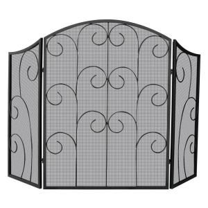 UniFlame Black Wrought Iron 3 Panel Fireplace Screen with Decorative Scroll S 1015