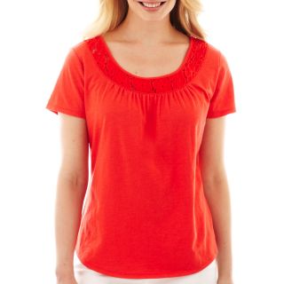 St. Johns Bay Short Sleeve Lace Inset Top   Petite, Bittersweet Berry
