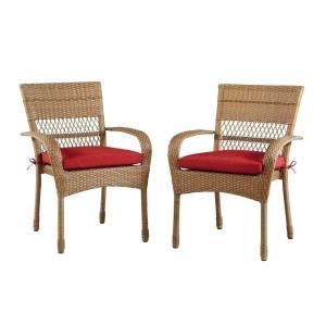 Martha Stewart Living Charlottetown Natural All Weather Wicker Patio Dining Chair with Quarry Red Cushion (2 Pack) 65 55611A