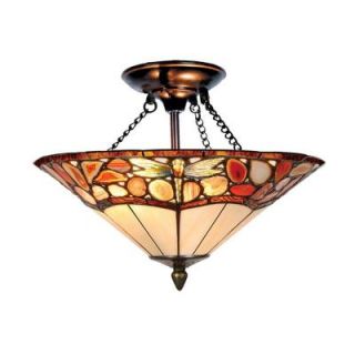 Dale Tiffany Dragonfly Agate 2 Light Antique Bronze Semi Flush Mount with Art Glass Shade DISCONTINUED TH10501