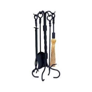UniFlame Black Wrought Iron 5 Piece Fireplace Tool Set with Ring/Twist Handles F 1123